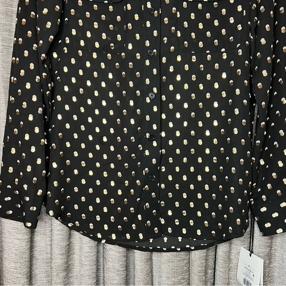 NWT Who What Wear Black Button Down Shirt with Gold & White Polka Dots Medium - Picture 7 of 14
